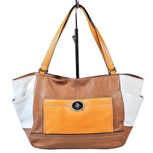 Coach Colorblock Carrie F24065 Shoulder  Satchel Tote Bag Tan Cream